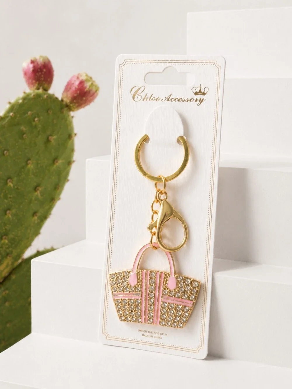 Women's Rhinestone Handbag Keychain Bag Charm Gold Tone Pink Purse Accessories